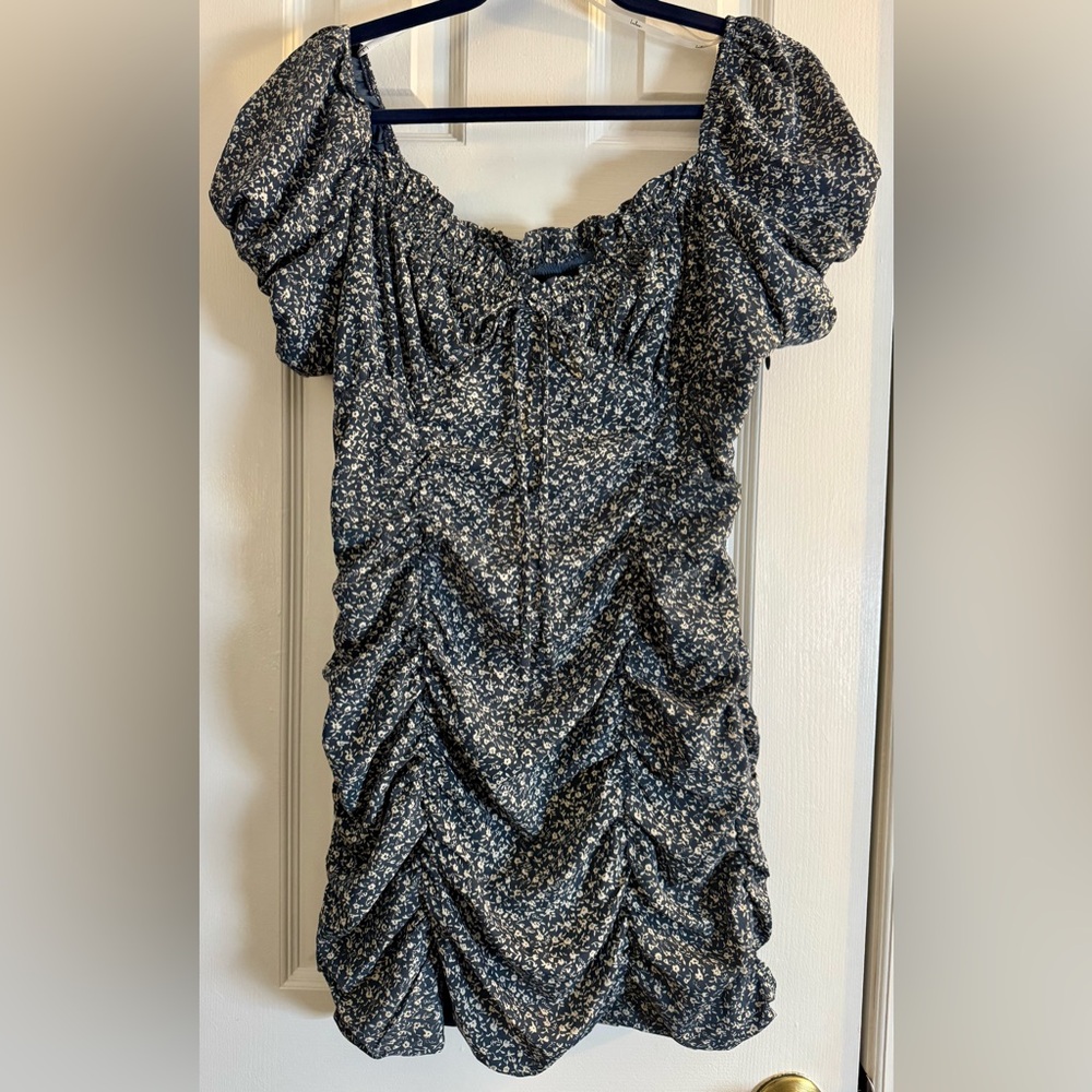 Lulus Reason To Be Mini Dress Ditsy Floral Dusty Blue Off Shoulder Short Sleeve - Picture 4 of 14